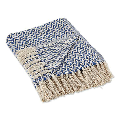 DII Modern Zig Zag Throw Blanket Woven Cotton, Hand-Knotted 2.5" Fringe, 50x60, French Blue - color: French Blue, size: 50x60"