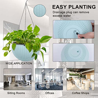 Vencer 11 Inch Round Resin Rattan Hanging Planters,Light Blue,VF-A15-B | Self Watering,Drain Hole,Metal Chain,Water Indicator,Indoor Outdoor - color: Light Blue