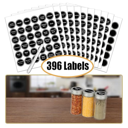 SWOMMOLY 3 Tier Spice Rack Organizer with 24 Empty Round Spice Jars, 396 Spice Labels, Funnel and Chalk Marker Complete Set, Black | Chalk Marker, Funnel Set for Cabinet, Countertop, Pantry, Cupboard or Door & Wall Mount - 24 Jars, 14.8" W × 9.8" H, Black