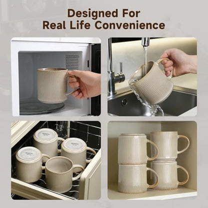 MONITO Coffee Mugs Set of 6,16 oz Ceramic Coffee Cups with Large Handles | Stoneware Mugs Set Suitable for Lattes,Hot tea,Cappuccinos,Mochas and Cocoa,Microwave & Dishwasher Safe,Bonbon Beige - color: Bonbon Beige, size: 6PCS