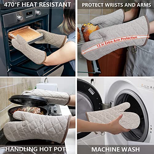 Yarn Dyed Oven Mitts 1 Pair, 100% Cotton Heat Resistant 470 Degree | Oven Gloves for Men Women Cooking Baking Barbecue BBQ Microwave Crafting Machine Washable Pot Holders Mittens (Khaki 2) - color: Khaki