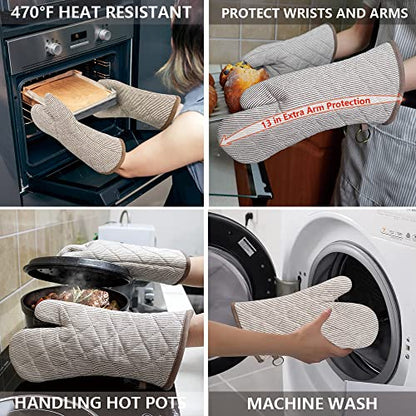 Yarn Dyed Oven Mitts 1 Pair, 100% Cotton Heat Resistant 470 Degree | Oven Gloves for Men Women Cooking Baking Barbecue BBQ Microwave Crafting Machine Washable Pot Holders Mittens (Khaki 2) - color: Khaki