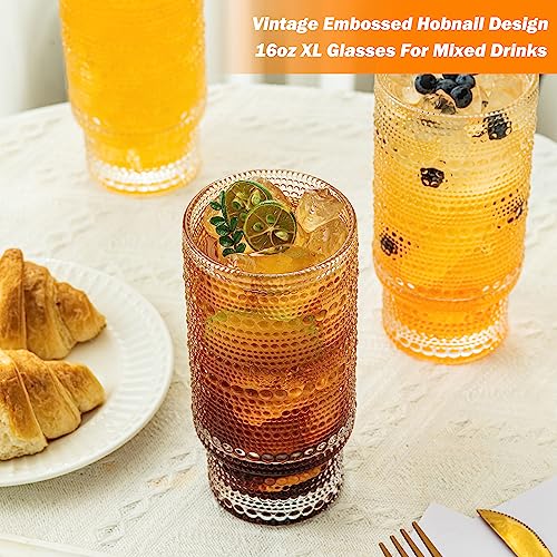 KEMORELA Elegant Highball Glassware Set - 16oz XL Glasses - Mixed Drinks, Iced Coffee, Beer, Juice, Water - Hobnail, Beaded Designs - Set of 4 | Stylish Collection for Any Occasion - color: 4PCS-16oz