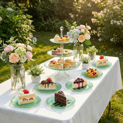 Rubtlamp 200Pcs Green Plastic Dessert Plates,6inch Small Appetizer Plates with Gold Rim, Fancy Hammered Cake Plate with 100PCS Gold Disposable Forks, Hard Salad Plate for Teatime Party - color: Green with gold