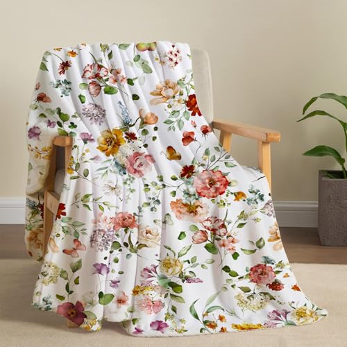 Watercolor Flowers Throw Blanket Botanical Floral Throw Blanket Ultra Soft Flannel Fleece Bed Blanket Cozy Fuzzy Plush Couch Cover Lightweight Wildflowers Plants Blanket for Sofa Bed 50" X 60" - color: Watercolor, size: 50"×60"
