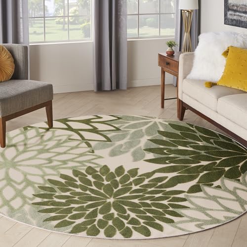 Nourison Home Aloha Indoor/Outdoor Ivory Green 5'3" x Round Area Rug, Easy Cleaning, Non-Shedding, Bed Room, Living Room, Dining Room, Backyard, Patio, Deck (5 Round) - color: Ivory Green, size: 5'3" (Round)
