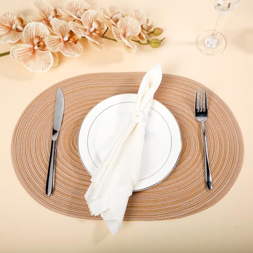 Beige Striped Oval Woven Placemats - Washable, Heat Resistant Cotton Blend Table Mats for Kitchen & Dining, Set of 6 - color: Light Khaki