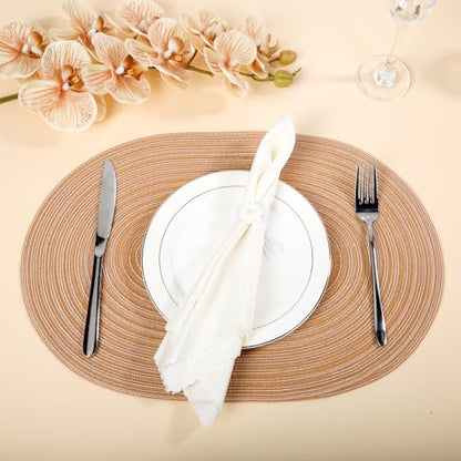 Beige Striped Oval Woven Placemats - Washable, Heat Resistant Cotton Blend Table Mats for Kitchen & Dining, Set of 6 - color: Light Khaki