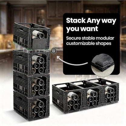 Stackable Wine Rack for Cabinet,12-Bottle Crate, Set of 3, Black | Dual-access modular horizontal wine rack organizer, recycled plastic crates stack to 8ft, fits cellar, home bar or wine shelf