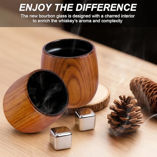 Charred Wooden Bourbon Glass Gift for Men, Whiskey Gift | Crafted with Charred Oak, Stainless Steel Whiskey Stone, Old Fashioned, Ideal for Dad Husband Friend Birthday Christmas Gift