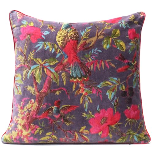 Velvet Floral Flower Bird Throw Pillow Sofa Cushion Cover Case Couch Colorful Boho Chic Bohemian Accent Indian Handmade (Purple, 16" x 16") - color: Purple, size: 16" x 16" (Pack of 1)