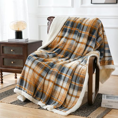 PU MEI Sherpa Blanket Queen Plaid Thick Bed Blanket, 80”*90” Super Soft Flannel Fuzzy Fleece Reversible Velvet Plush Warm Blanket for Couch (Blue Yellow Check) - color: Blue Yellow Check, size: 80"*90"