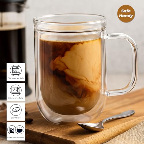 Aquach 16oz Double Walled Glass Coffee Mugs Set of 2, Insulated Teacups | Dishwasher/Microwave Safe, Borosilicate Glass, Double-walled, Smooth Rim, Comfort Handle, Sweat-proof Grip