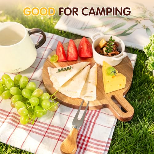 Mini Acacia Wood Round Cutting Board with Handle, Wooden Kitchen Prep Board, Small Chopping Board for Fruit Vegetables Meat Bread Multipurpose Pizza Cheese Serving Tray for Restaurant & Party