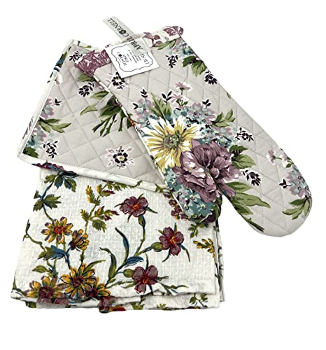 April Cornell Plum Floral 4-pc. Kitchen Linen Gift Set with 2 Tea Towels, 1 Oven Mitt & 1 Pot Holder | 100% Cotton | Summer Botanical Floral, Plum