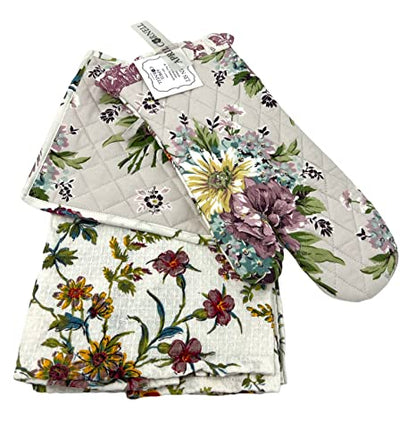 April Cornell Plum Floral 4-pc. Kitchen Linen Gift Set with 2 Tea Towels, 1 Oven Mitt & 1 Pot Holder | 100% Cotton | Summer Botanical Floral, Plum
