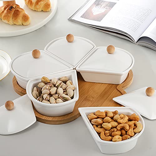 Ceramic Divided Serving Dishes with Lids and Bamboo Platter, 5 Removable Dipping Bowls Relish Tray Nuts Dishes for Appetizer, Chips, Fruits, Candy, Condiment