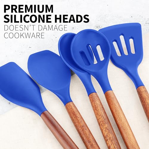 Zulay Kitchen 5 Piece Silicone Utensil Set | Non-Stick Silicone Cooking Utensils Set with Acacia Wood Handles - 464°F Heat Resistance Kitchen Utensils Set - Dark Blue - color: Royal Blue, size: 5-Piece Set