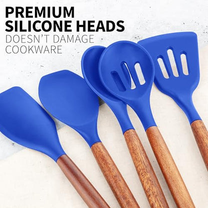 Zulay Kitchen 5 Piece Silicone Utensil Set | Non-Stick Silicone Cooking Utensils Set with Acacia Wood Handles - 464°F Heat Resistance Kitchen Utensils Set - Dark Blue - color: Royal Blue, size: 5-Piece Set