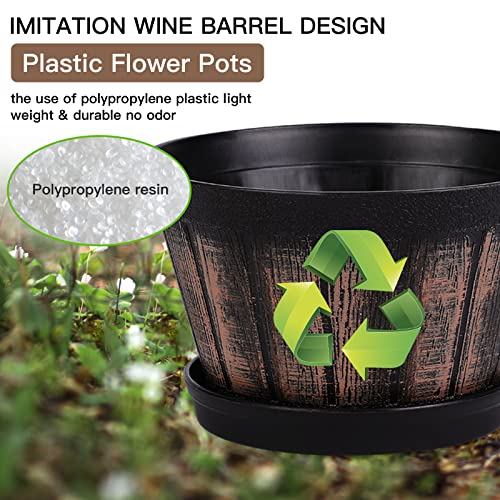 Quarut 6 inch Brown Barrel Planters with Drainage Holes & Saucer, Set of 4, Indoor & Outdoor Garden Home Plants - size: 6 inches