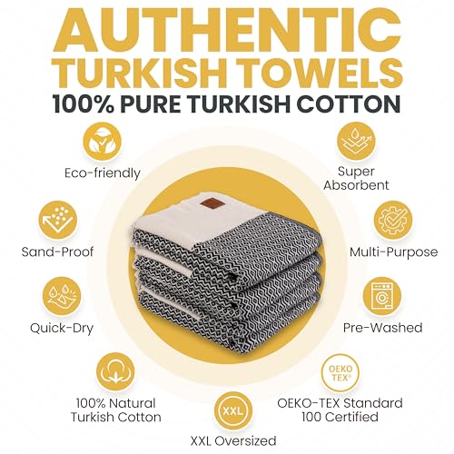 Gold CASE Turkish Beach Towel Set of 4 – 100% Cotton Large Turkish Bath Towels 67 x 38'' – Zeus Extra Large, Quick Dry & Sand Free Towels – Peshtemal for Pool – Black - color: Black, size: Zeus Beach Bath Towel