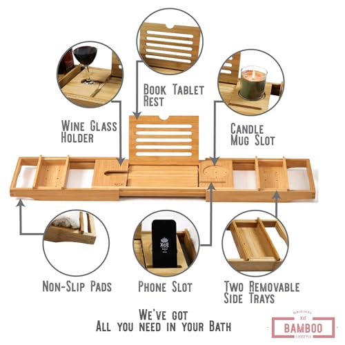 Bamboo Bathtub Caddy Tray with Book Stand & Soap Holder, Natural | Expandable to 41 Inches & Anti-Slip Pads for Luxury Bath Spa - color: Natural