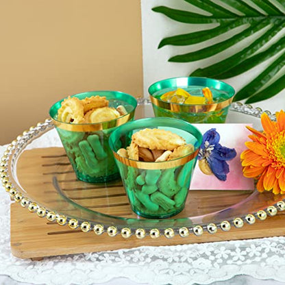 150 PCS Green Plastic Cups,9oz Clear Green Disposable Cups with Gold Rim | Old Fashioned Tumblers Gold Rimmed Green Plastic Cups,Unbreakable cups for Any occasion: Weddings, Parties, Business Events - color: Green