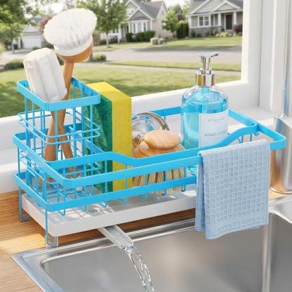 Sponge Holder for Kitchen Sink, Self-draining Sink Caddy with Towel Rack and Brush Holder, Metal Kitchen Countertop Organizers and Storage Essentials, Blue - color: Blue