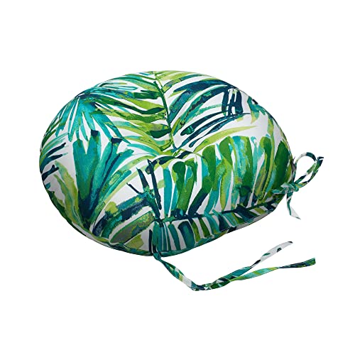 Magpie Fabrics 15" Round Bistro Seat Cushions with Ties, Set of 2, Waterproof All Weather Tufted 4" Thick Patio Chair Pads for Home Garden Dining Metal Stool - Green Palm Leaves - color: A Green Palm Leaves