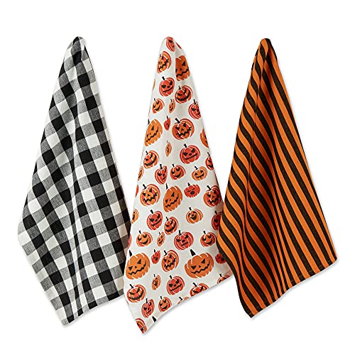 DII Halloween Hand Towels for The Kitchen Decorative Spooky & Fun Cotton Printed Dishtowel Set, 18x28, Black & White Buffalo Check/Orange Stripes, 3 Count - color: Orange Buffalo Check/Black & White Stripes