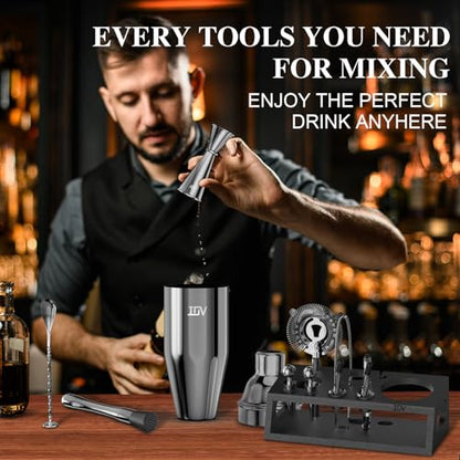 IOV Mixology Bartender Kit With Stand | 12-Piece Cocktail Shaker Set | 24oz Martini Shaker Set For Drink Mixing | Bar Set Includes All Bar Tools And Recipe Booklet | Fun Housewarming Gift (Black) - color: 12 Pcs - Black