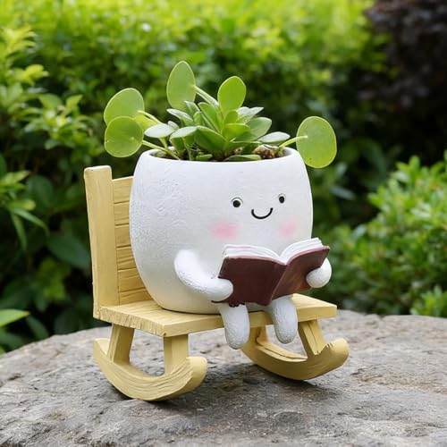 Smiley Face Planter Pot, Cute Resin Head Planter with Drainage Hole, Unique Rocking Chair Succulent Pot for Indoor Outdoor Plants, Funny Plant Lovers Gift for Mother's Day and Christmas (Upright) - size: 6.50×5.91×5.12"