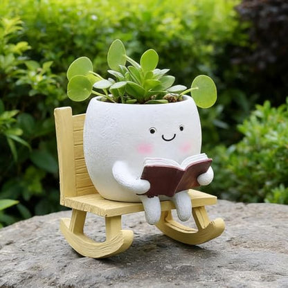 Smiley Face Planter Pot, Cute Resin Head Planter with Drainage Hole, Unique Rocking Chair Succulent Pot for Indoor Outdoor Plants, Funny Plant Lovers Gift for Mother's Day and Christmas (Upright) - size: 6.50×5.91×5.12"