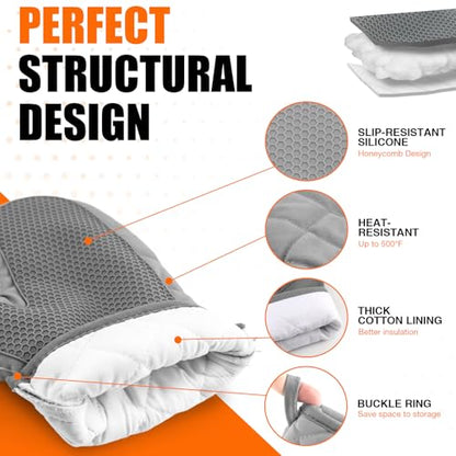 Silicone Oven Mitts, Heat Resistant 2PCS Oven Mitts with Soft Cotton Lining, Waterproof Non-Slip Grip Oven Glove, Kitchen Potholder Mits for BBQ, Baking, Cooking, 10.5Inch - Dark Grey - color: Dark Grey