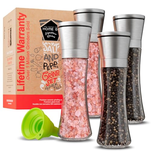 Home EC Original Stainless Steel Sea Salt and Pepper Grinder Set of 4 - Adjustable Ceramic - Tall Glass Salt and Pepper Shakers Mills - Modern Kitchen Spice Mill W/Funnel & EBook - color: Clear Glass, size: 4pk