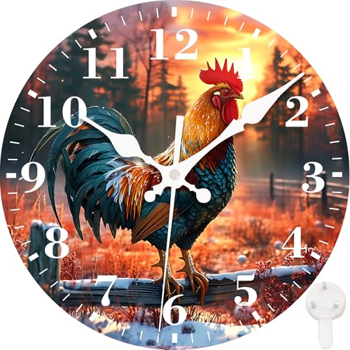 Wall Clock, Vintage Farmhouse Rooster Silent Non Ticking Battery Operated Round Decorative Indoor Outdoor Clocks for Living Room Kitchen Bedroom Bathroom Patio 12" - color: Vintage Farmhouse Rooster