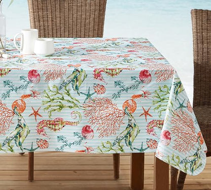 Newbridge Vinyl Rectangle Tablecloth with Flannel Backing, 60 x 102 Inch, Neponsit Sea Life, Waterproof, Soil Resistant Dining Room, Party Table Cover, Starfish, Seahorses and Coral, Blue - size: 102" x 60" (Rectangular)