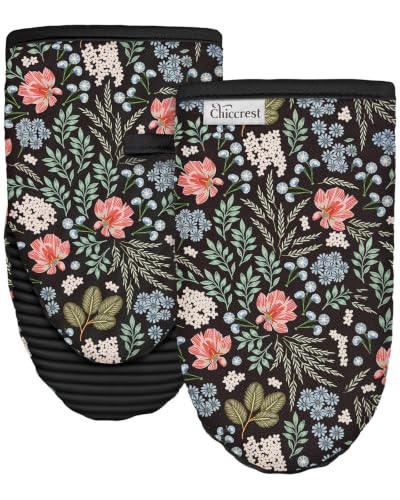 100% Thick Cotton Oven Mitts Ribbed Soft Silicone Bright Flower | Aesthetic Oven Mitts for Women, Machine Washable Non-Slip Kitchen Mitts, Reversible for Both Hands, Stylish Kitchen Decor - color: Black Floral
