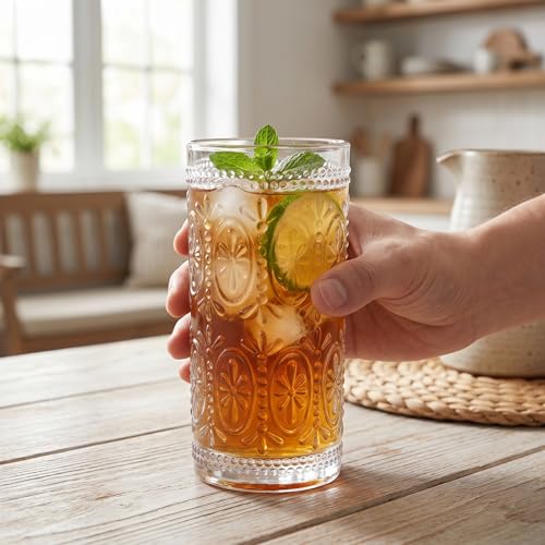 Bekith 6 Pack Romantic Drinking Glasses, 12 oz Highball Glasses, Thick Water Glasses, Tall Glass Cups for Beverages, Beer, Cocktail, Vintage Glassware Set for Dinner Parties, Bars, Restaurants