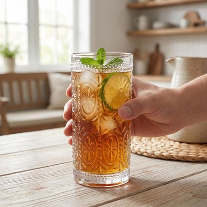 Bekith 6 Pack Romantic Drinking Glasses, 12 oz Highball Glasses, Thick Water Glasses, Tall Glass Cups for Beverages, Beer, Cocktail, Vintage Glassware Set for Dinner Parties, Bars, Restaurants