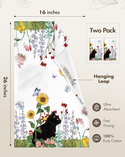 2pcs Cotton Waffle Kitchen Towels, Cat in Flowers | Waffle Weave, Terry Cloth, Pure Cotton, Sustainable, 16"x26", Highly Absorbent, with Hanging Loop, Giftable Package - color: Cat in Flowers