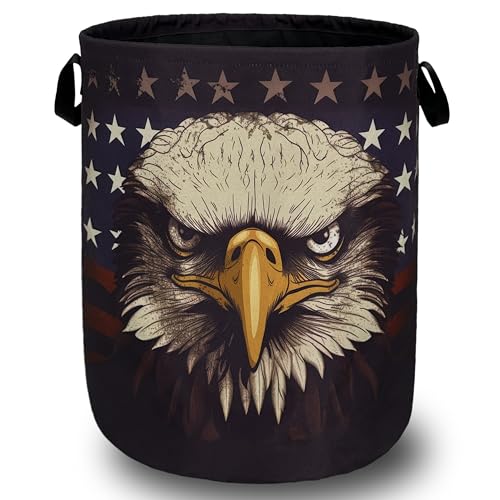 American Flag Eagle Laundry Basket Oxford Cloth Foldable Hamper 18.9x16.5In | Patriotic Funny With Handle Tote Bag Laundry Hamper Clothes Storage Bucket Toy Organizer For Bathroom/Laundry/Bedroom - color: American Flag With Eagle 01