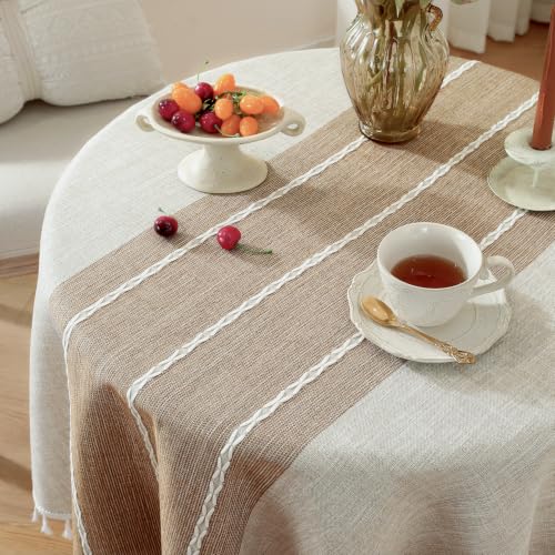 Laolitou Rustic Tablecloth Cotton Linen Waterproof Tablecloths Burlap Table Cloths for Kitchen Dining,Party,Holiday,Christmas,Buffet Coffee Lines, Round, 55", 2-4 Seats - color: Coffee Lines, size: 55" (Round)