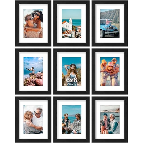 Vittanly 6x8 Picture Frames Set of 9 for Wall or Tabletop Display, Black | Display Pictures 4x6 with Mat or 6x8 without Mat, Small Photo Frames, Engineered Wood with Shatter Resistant Plexiglass - color: Black, size: 6x8