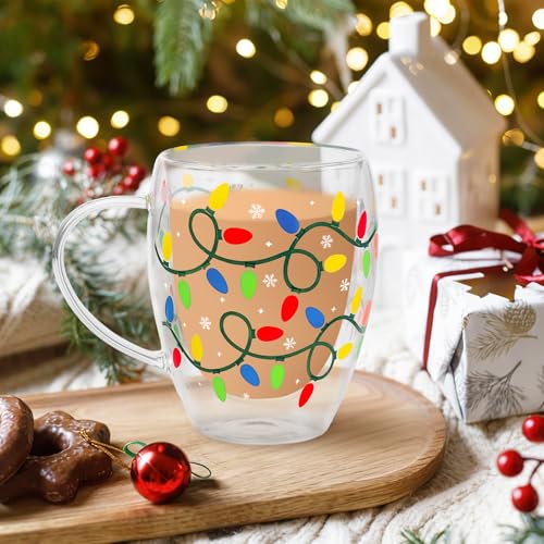 JarThenaAMCS Christmas Double Wall Glass Coffee Mugs 12Oz Colorful Xmas Light Bulb Insulated Glasses Clear Espresso Cups with Handle for Winter Holiday Supplies, Set of 2 - style: Colorful Xmas Light Bulb