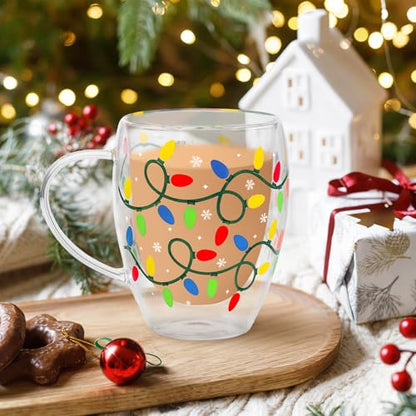 JarThenaAMCS Christmas Double Wall Glass Coffee Mugs 12Oz Colorful Xmas Light Bulb Insulated Glasses Clear Espresso Cups with Handle for Winter Holiday Supplies, Set of 2 - style: Colorful Xmas Light Bulb