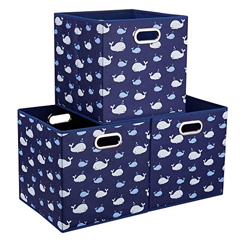 Whale Collapsible Cloth Storage Cube Baskets Blue Fabic Cube Bins 10.5x 10.5 x11 in Foldable Storage Cube Boxes Folding Storage Inserts Drawer for Cube Organizer Storage ,QY-SC11-3 - color: Navy Blue-Whale(Set of 3)