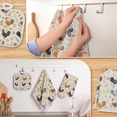 Frienda 6 Pcs Rooster Kitchen Towels Oven Mitts and Pot Holders Set | Farmhouse Kitchen Decor Dish Towels Pot Holders for Christmas Mom Her Lady Owner Baking Accessories Stuff Gifts - style: Farmhouse Chicken
