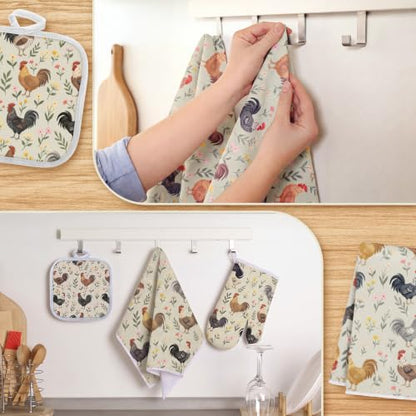 Frienda 6 Pcs Rooster Kitchen Towels Oven Mitts and Pot Holders Set | Farmhouse Kitchen Decor Dish Towels Pot Holders for Christmas Mom Her Lady Owner Baking Accessories Stuff Gifts - style: Farmhouse Chicken