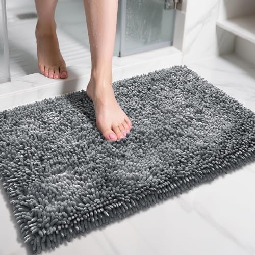 Yimobra Chenille Bathroom Rugs Non Slip, Extra Thick Soft Absorbent Bath Rug 31.5x20 Inch, Machine Washable Quick Dry Bath Mat for Bathroom Floor, Tub and Shower, Home Decor Accessories, Silver - color: Silver, size: 31.5" X 20"